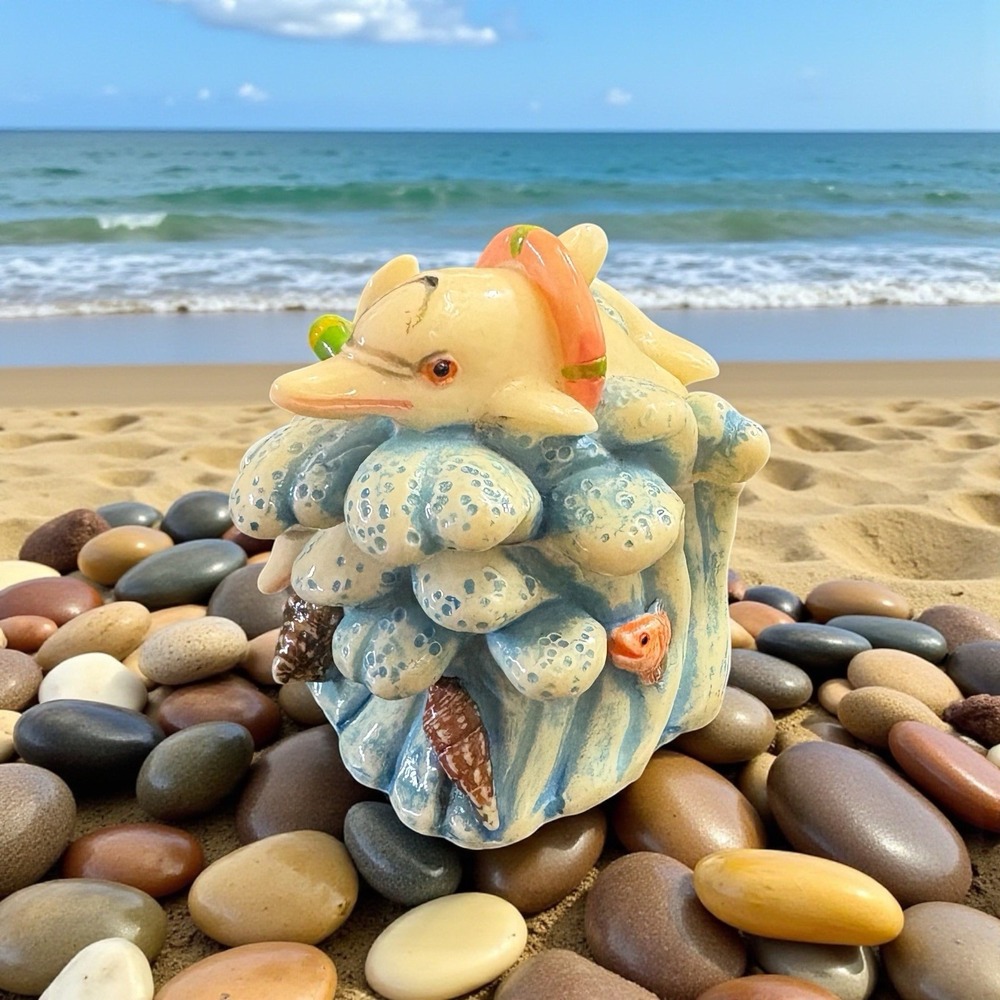 Vintage Dolphin Ceramic Trinket Box Ocean Wave Sea Shells TAI Mark Coastal Decor